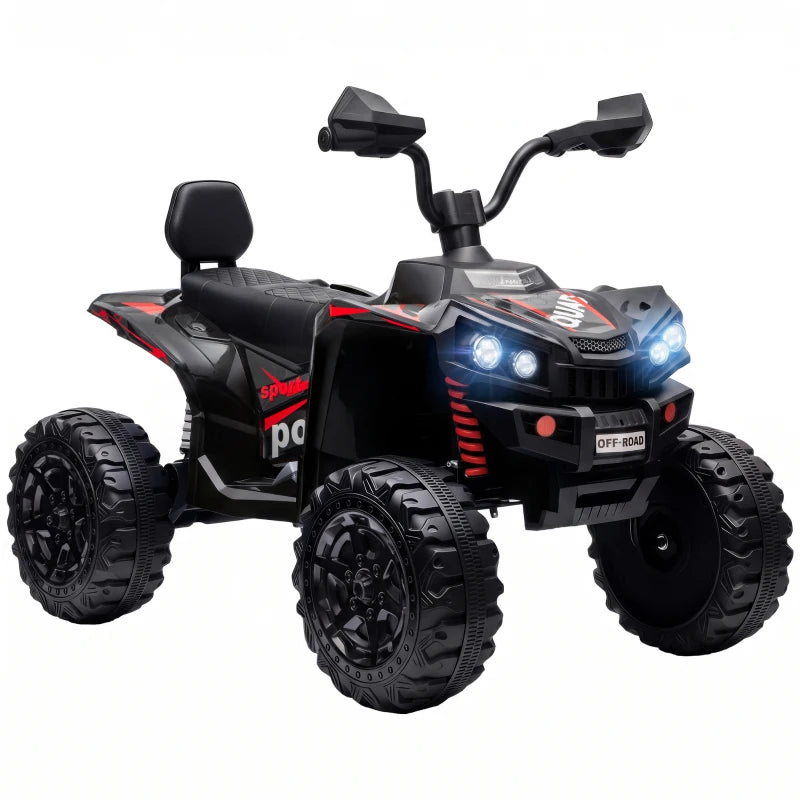 Kids electric 2-seat quad bike, black with twin seats, front headlights, chunky tires