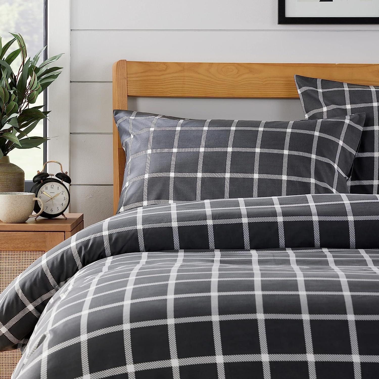 grey-check-reversible-duvet-cover-set-soft-breathable-durable-polyester-bedding-single-double-king-by-olivia-rocco-duvet-cover-917275643 - Bobobiy
