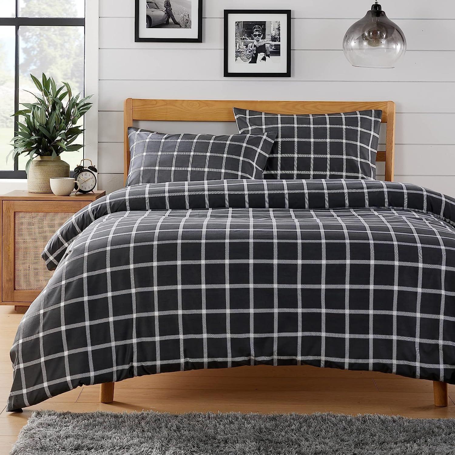 grey-check-reversible-duvet-cover-set-soft-breathable-durable-polyester-bedding-single-double-king-by-olivia-rocco-single-duvet-cover-917275655 - Bobobiy