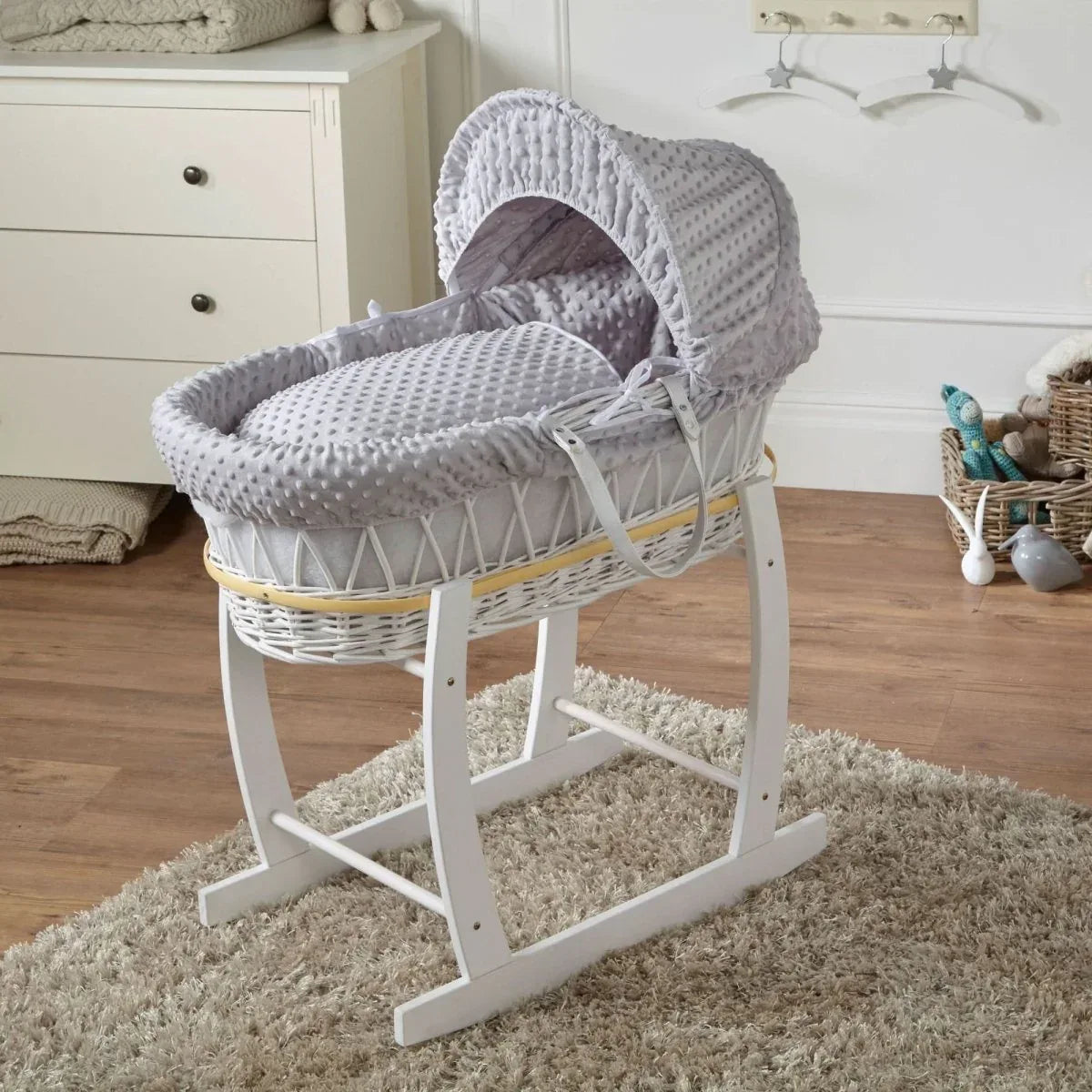 Grey Dimple White Wicker Baby Moses Basket With Stand - Bobobiy
