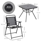 Black square outdoor dining table with four-legged base and folding mesh armchair