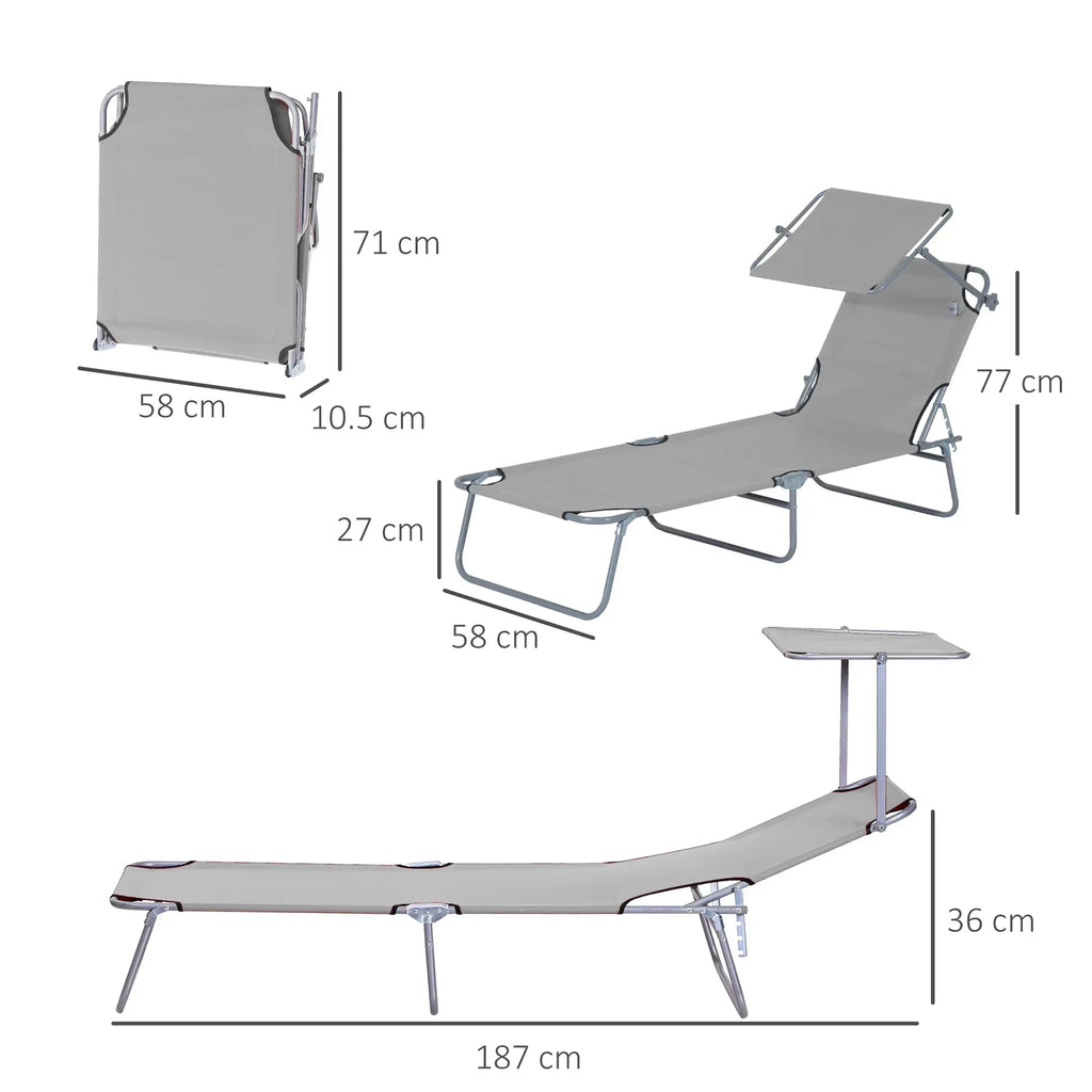 2 Pieces Outdoor Foldable Sun Lounger, 4 Level Adjustable Backrest Reclining Sun Lounger Chair with Angle Adjust Sun Shade Awning for Beach, Garden, Patio, Light Grey - Bobobiy