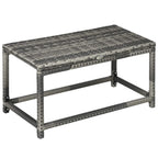 Grey woven rattan-look rectangular outdoor coffee table with metal frame and lower shelf