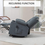 Grey fabric reclining lift chair with extended footrest and cup holder opening