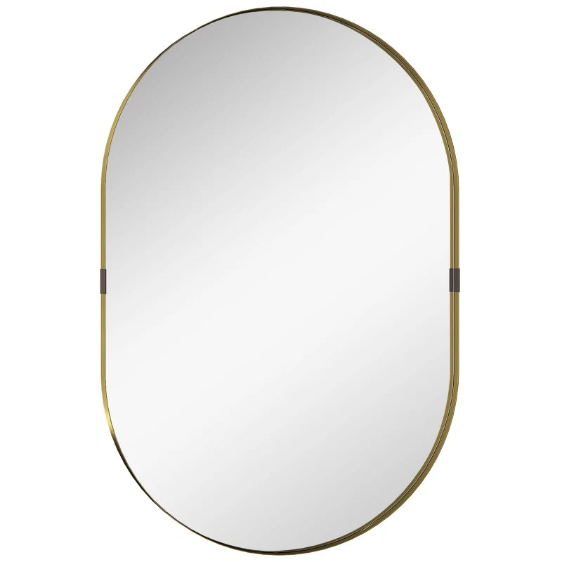 Gold-tone oval wall mirror with thin raised frame and smooth rounded corners