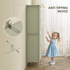 Green pantry cupboard door with anti-tipping device detail and open cabinet frame.