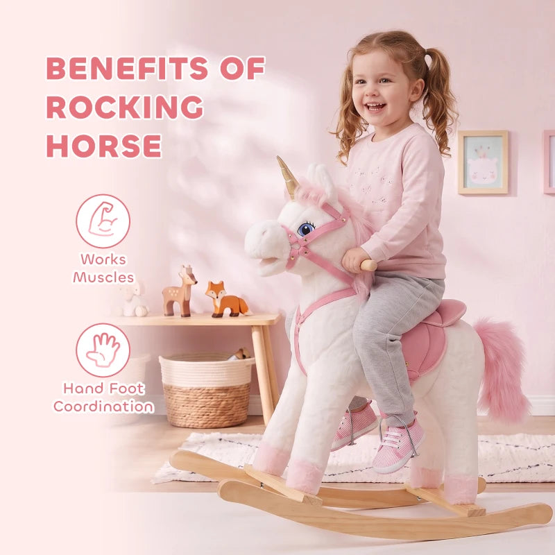 Kids white plush unicorn rocking horse with pink accents and curved wooden rockers