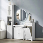 White under-sink cabinet with two doors and open compartment for storage access