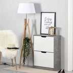 Grey and white two-drawer shoe cabinet with groove pull handles, closed drawers