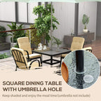 Beige cushioned patio dining armchairs around square table with umbrella hole