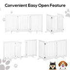 White pet gate with latch door, expandable panels shown from multiple angles
