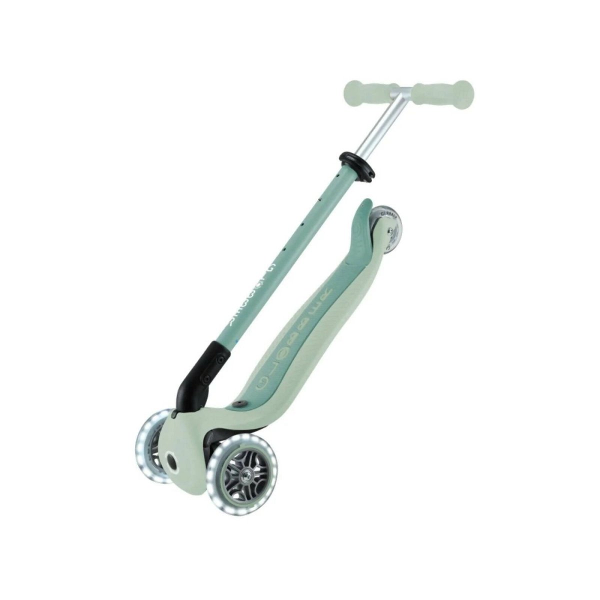 Pistachio mint scooter close side view with tall handlebars and front wheels