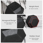 Black hex rubber dumbbell heads with 5kg weight mark and chrome handle