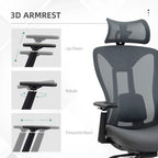 Grey office chair with adjustable 3D armrests, mesh back, padded seat, swivel base.