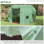Green walk-in garden greenhouse with PE cover, steel frame, and side windows