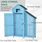 Blue wooden garden shed with open double door and slatted firewood rack