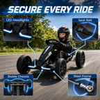 Black kids electric go kart with LED headlights, seat belt, and sturdy frame