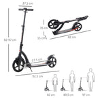Black kick scooter with large wheels showing height and length size dimensions