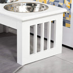 White raised feeding stand with two stainless steel bowls, side view