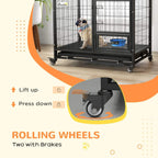 Black dog crate base with rolling caster wheels and two brakes