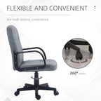 Grey office desk chair showing 360° swivel base with padded seat and armrests