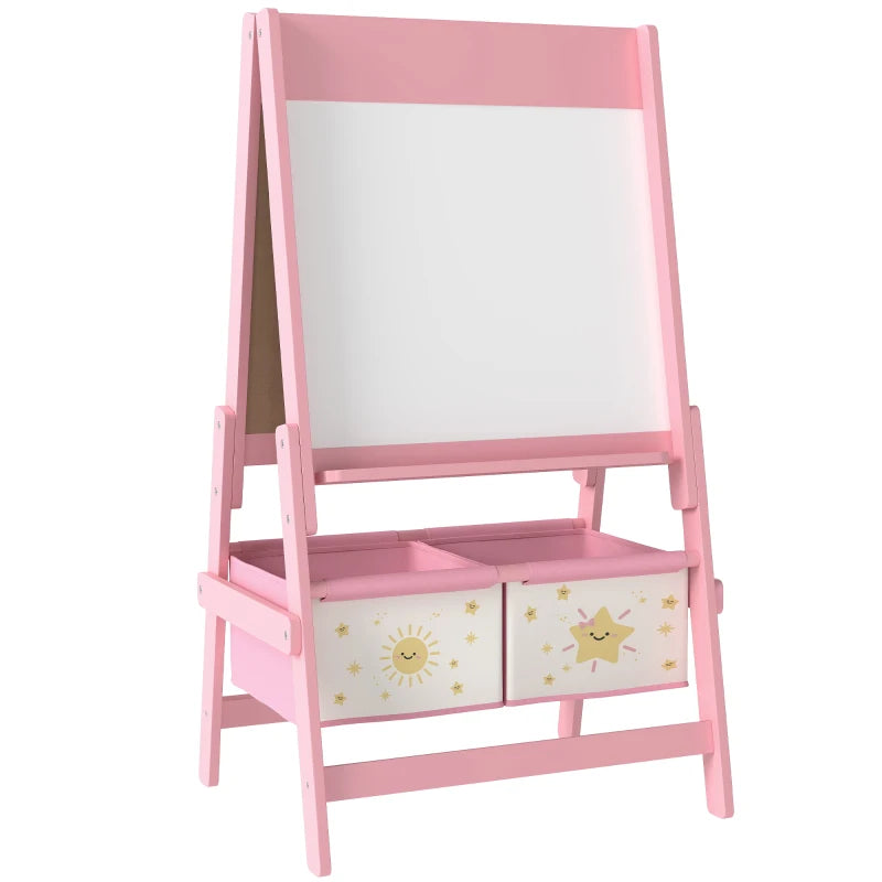 Pink kids art easel with blank whiteboard panel and two front storage drawers