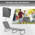 Grey foldable garden lounger with five-position back and black steel base, shown for transport.
