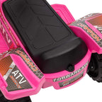 Pink kids electric ride-on quad bike with black textured seat and side decals