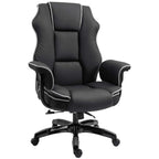 Black faux leather executive office chair with white contrast piping and armrests