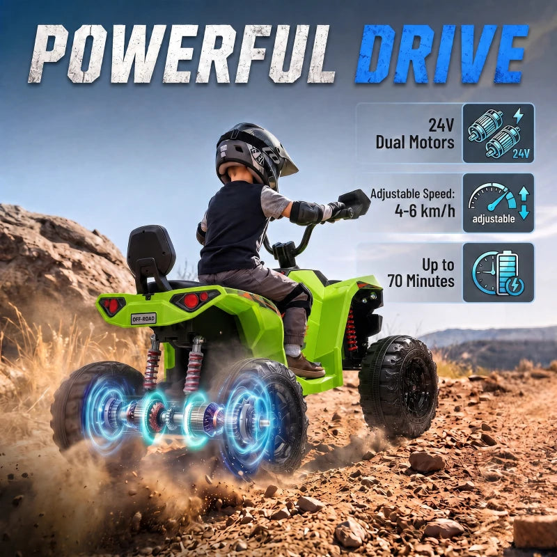 Green kids 24V dual-motor electric quad bike with front grille and wide tires