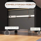 Black mobile filing cabinet on five casters, including two with brakes for safety