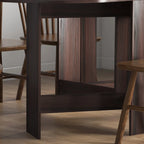 Underside frame of dark brown drop-leaf folding table with support beam and panel