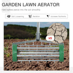 Green lawn aerator roller with metal spike bars for aerating soil