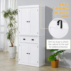 White pantry cabinet with anti-tip wall strap detail on the upper doors