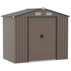Brown metal garden shed with double doors and two roof ventilation louver vents