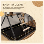 Black removable bottom tray for bird stand, with wood steps and stainless bowls