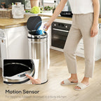 Silver stainless steel sensor bin with open black lid and motion-sensor area