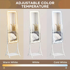 White standing mirror with LED light border showing warm, white, and cool lighting