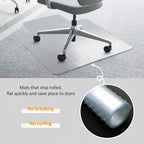 Clear office chair mat on carpet, chair casters on protective sheet with rounded edge