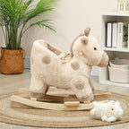Beige plush giraffe rocking ride-on toy with curved wooden base and rocking runners