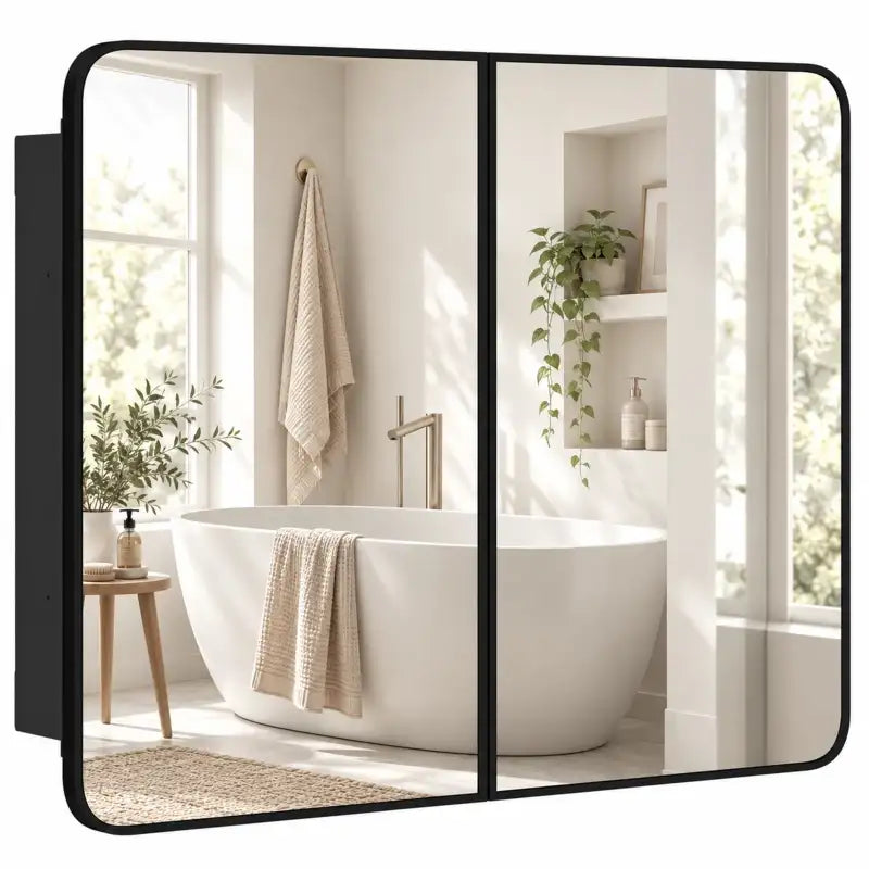 Black bathroom mirror cabinet with two glass doors, rounded frame and hinged opening