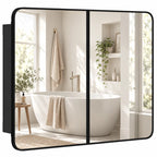 Black bathroom mirror cabinet with two glass doors, rounded frame and hinged opening