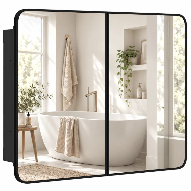 Black bathroom mirror cabinet with two glass doors, rounded frame and hinged opening