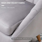 Grey velvet armchair seat and arm detail with stitched edges and smooth upholstery