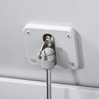 Close-up of grey toy box hinge hardware with safety rod connection bracket.