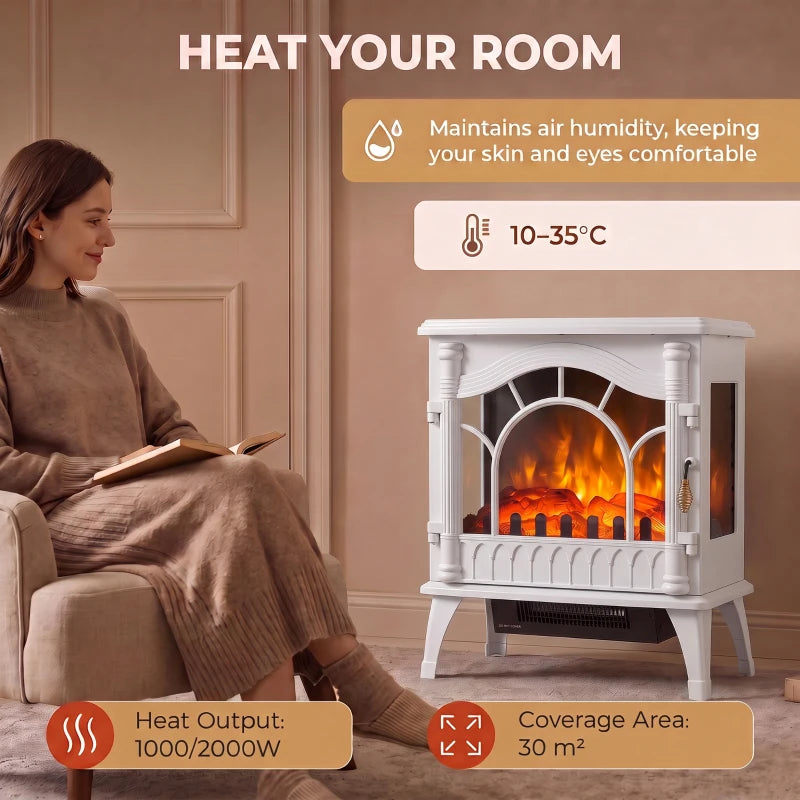 White freestanding electric fireplace stove with flame effect and front heating grille
