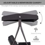 Adjustable canopy on black swing chair hammock, close-up top view