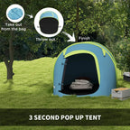 Blue pop-up dome tent with lime-green trim and open doorway with folded bedding
