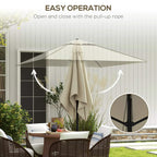 Beige square canopy parasol with brown contrast trim and hanging pull-up rope