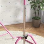 Pink kids gymnastic bar height adjustment collar on a metal base stand